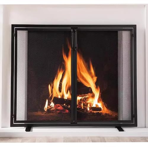 Paravent de cheminée robuste avec 2 portes, pare-étincelles pour grills, foyer, feu ouvert – Housse en maille noire pour la maison et le jardin