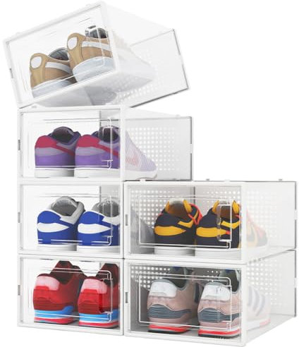 BAKAJI 6 x Scatole Portascarpe Impilabili con coperchi, Assemblaggio Facile, Porta Scarpe Salvaspazio Trasparenti, Contenitori Box Organizer Portaoggetti, Sneakers (Set 6 Pz, 33.5 x 23 x 14.5 cm)