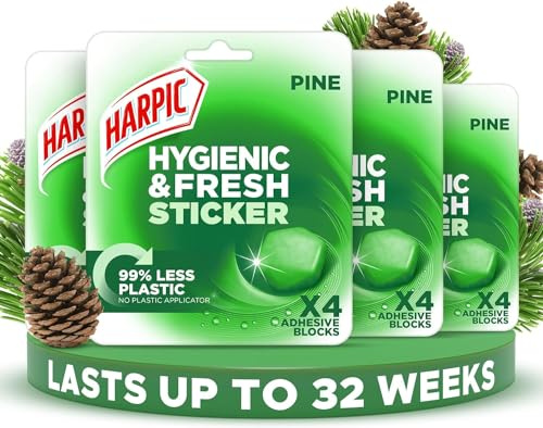 Harpic Hygienic Fresh Sticker Adhesive Toilet Block, Pine, Pack 4 x 4 Stickers, Toilet Freshener, No Plastic Applicator, Up to 32 weeks of Freshness