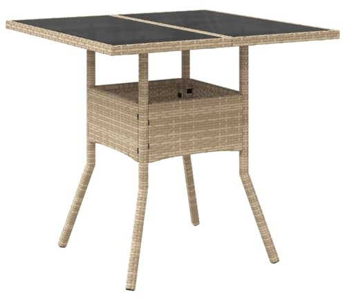 vidaXL Table de Jardin Dessus en Verre, Table à Manger, Table de Repas, Meuble de Patio Terrasse Balcon Extérieur, Beige Résine Tressée