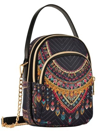 Umhängetasche für Damen, geometrisches ethnisches orientalisches Muster, abnehmbare Kette, Handytasche, Schultertasche, Geldbörse, Geometrisches, ethnisches und orientalisches Muster, Einheitsgröße