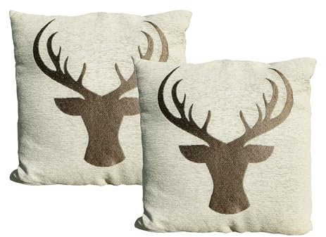 CONCORD HOME & INTERIOR 2er Set Deko Kissen mit Hirsch Motiv | beige braun | Sofakissen mit Inlett | 45x45 cm