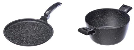 Moneta Etnea Piastra, Alluminio Antiaderente, Rivestimento interno in Hardoise effetto pietra, Nero, 28 cm & Etnea Casseruola 2 Manici 24 cm, effetto pietra, Made in Italy