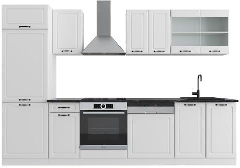 Vicco Küchenzeile R-Line, Küchenblock, Weiß Landhaus/Weiß, 300 cm, AP Marmor