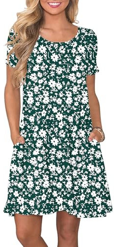 AUSELILY Women's Summer Dresses Casual T-Shirt Short Sleeve Dress Loose Swing Short Dress with Pockets, Green Daisy M
