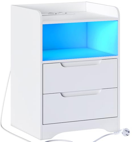 Brinlawb Nachttisch mit Steckdose und LED-Beleuchtung (2 AC-Steckdosen & 2 USB-Anschlüsse) Nachtschrank mit 2 Schubladen und 1 offenes Fach Beistelltisch Sofatisch für Wohnzimmer, Schlafzimmer, Weiß