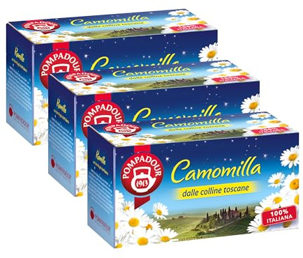 Pompadour, Camomilla dalle Colline Toscane, 54 Filtri (3 Confezioni da 18 Filtri), 100% Italiana, con Foglie di Mora, Ideale per la Sera, Senza Lattosio, Glutine e Allergeni, Vegan