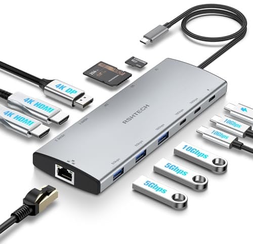 RSHTECH 12 in 1 USB C Hub mit 2 HDMI und Display - USB 3.2 und 3.0, 100W PD, SD/TF, Ethernet - Docking Station 2 Monitore - Dockingstation für Tragbare Computer Geeignet für Windows, Linux und Mas