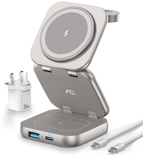 AC Island 2025 Stazione di Ricarica Magnetica, Pieghevole Postazione Caricatore Wireless 5 in 1 per Apple Watch e iPhone, Viaggi Caricatore Mag-safe per iPhone 16/15/14/13, Apple Watch 10, per AirPods