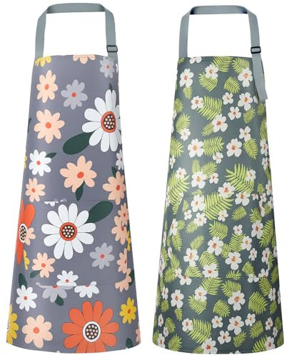 Vicloon 2 Pcs Floral Aprons for Women,Waterproof Cooking Apron with Pockets,Adjustable Floral Aprons,Floral Chef Aprons for Women for Kitchen Cooking Baking Gardening Household Cleaning