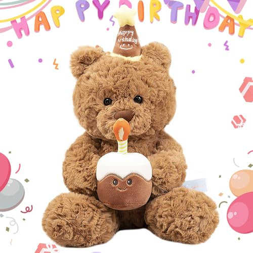 Lotvic Teddy Plüschtier, 30cm Stofftier Teddy, Teddybär mit Kuchen und Hat, Plüsch-Bär, Plüschteddy Schmusetier Plüschtier, für Mädchen Jungen Kinder Partei Weihnachten Geburtstag