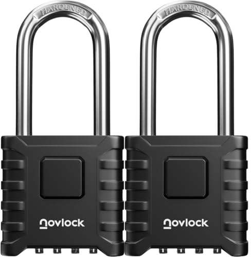 NovLock Outdoor Combination Padlock, Weatherproof, 5.9 cm Long Shackle | Extended Reach, 8mm Cut-Resistant Shackle, Heavy Duty, Large Code Lock for Gates, Fences, Sheds, Lockers, 2-Pack, Black