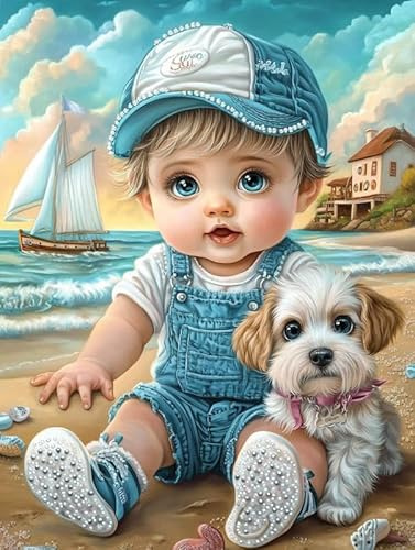 Bimkole DIY 5D Diamond Painting Kits Bébé, Chiens Broderie Diamant Kits De Broderie Au Point De Croix Strass Rond Résine Peinture Décor à La Maison 30x40 cm