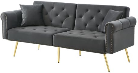 2-Sitzer Sofa Schlafsofa mit Schlaffunktion und Unabhängig Verstellbare Rückenlehne, Klappbares Couch Polstersofa Bettsofa mit Goldene Nageldekoration für Wohnzimmer Schlafzimmer Wohnung (Grau)