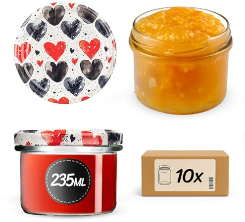KADAX 10er Set Marmeladengläser 235ml TO82 Herzen, Einmachgläser Vorratsgläser Mason Jar mit Schraubdeckel, Luftdichte Schraubgläser, Honig & Konfitüre