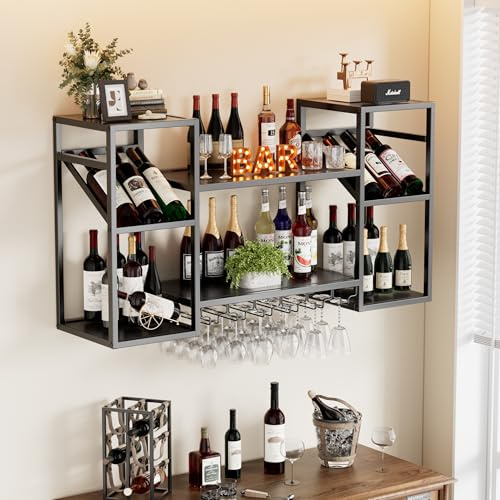 Botellero Montado en la pared con Portavasos 120CM Botellero de Metal para la Pared 3 Niveles Estante de Vino Montado en la Pared Estante de Exhibición de Botellas de Licor para Bar,Cocina,Restaurante