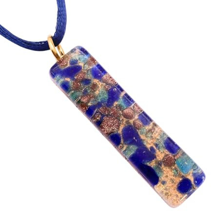 Collier avec pendentif en verre de Murano, fait à la main, bijoux en verre d'art italien avec pièces Millefiori et fleurs, feuille d'or 24 carats, 4 cm x 1 cm (Lisa)