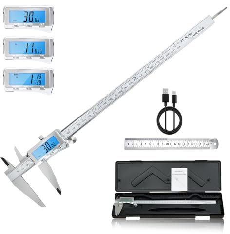 Digital Vernier Caliper 300mm, Rechargeable & Backlit Stainless Steel Caliper with Large LCD Screen, Auto-Off, Inch/MM/Fraction Conversion, Ideal for DIY and Household Measuring Tasks (12 Inch/300mm)