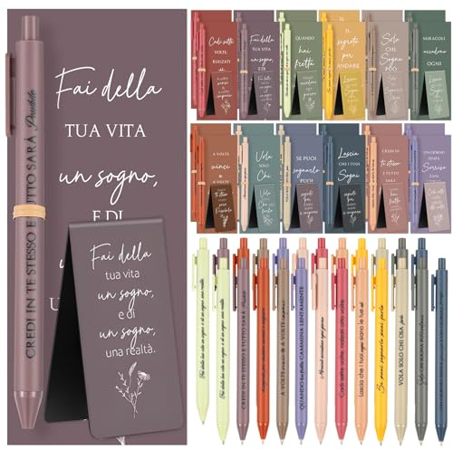 Faccito Set da 24 Pezzi Regali Motivazionali Include 24 Penne a Sfera Ispiratrici 24 Segnalibri Magnetici Motivazionali in Italiano 30 Fascette Regali di Ringraziamento e di Addio per Amici Colleghi
