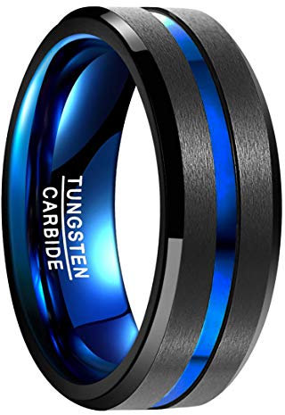 Vakki 8mm Wolfram Ring für Herren, Dünne Rille, Schwarz-Blau Zweifarbig Ringe für Hochzeit und Alltag, Komfortpassform, Abgeschrägte Kanten, Größe 76(24.2)