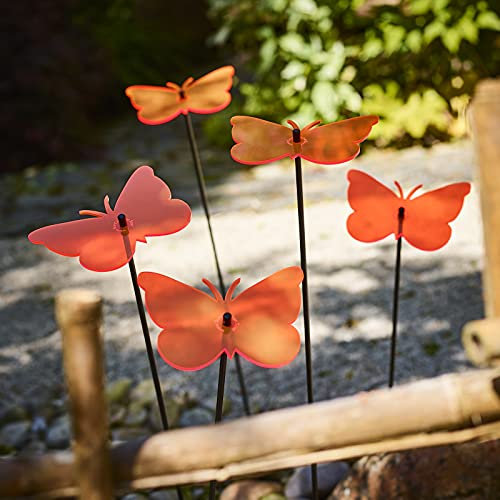 5X Großer Sonnenfänger Schmetterling, Deko Gartenstecker 5er Set mit 75cm Schwingstab, Leuchtende Garten Geschenk Idee, Farbe:Orange