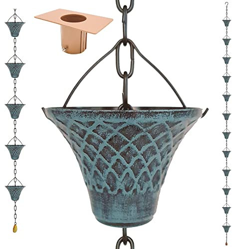 LEPTALINA Cadenas de Lluvia de Hierro de Color Azul Cielo Antiguo de 8.5 pies para canalón y Barril de Lluvia, Cadena de Lluvia chapada Resistente al óxido para decoración de jardín para bajante,