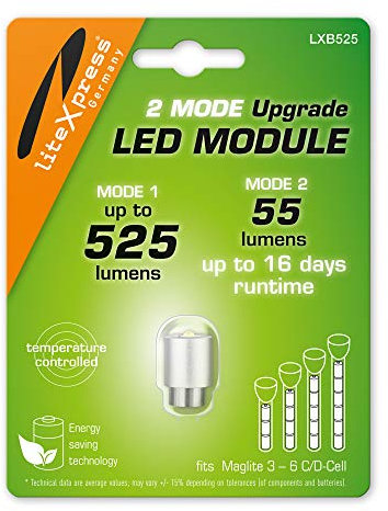 LiteXpress LXB525 2Mode LED Upgrade Modul 525 oder 55 Lumen für 3-6 C/D-Cell Maglite Krypton/Xenon Taschenlampen