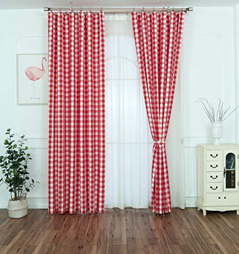 Yaland Karierte Landhaus-Gardine mit Kräuselband HxB 250x200cm 1 Stück | Gingham Vorhang in Vichy-Karo Optik Blickdicht ideal für Küche & Wohnzimmer Fensterdekoration Rot Küchenvorhang