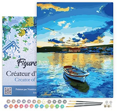 Figured'Art Peinture par Numéro Adulte avec Cadre Barque et Lever de Soleil - Activité Manuelle Kit de Loisir Créatif DIY Numéro d'art Complet - 40x50cm Toile tendue sur châssis
