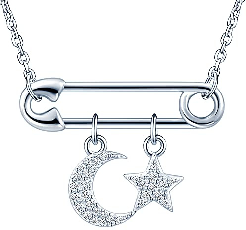 MicVivien Mode Stern Mond Brosche Anhänger Halskette in 925 Sterling Silber mit Zirconia Damen Kette für Frauen Mädchen Mama Silber