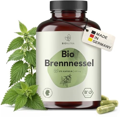 BIONUTRA Bio Brennnessel Kapseln, 270 Stk. à 600 mg, hochdosiert | rückstandskontrolliert, ohne Zusätze, vegan, deutsche Herstellung aus Brennnessel Bio Blattpulver