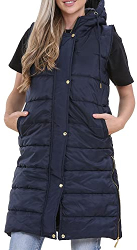 A2Z Ladies Gilet Oversized Hooded Quilted Gilet Padded Long Line Vest - Gilet 800 Navy L