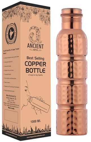 ANCIENTIMPEX Pure Copper Hammered Water Bottle – 1000ml (33.81 FL Oz) | Seamless Design, Leak-Proof Ayurvedic Bottle for Detox, Immunity & Daily Hydration