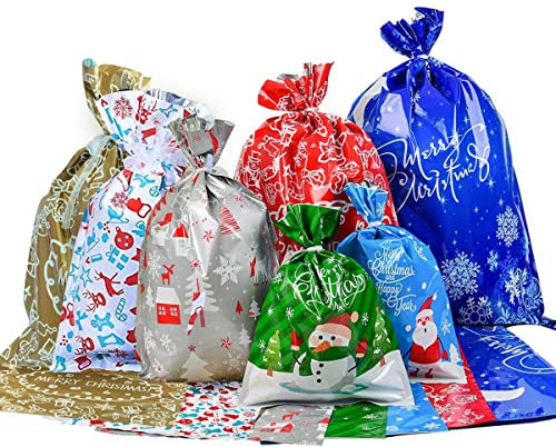 Weihnachtstüten mit Kordelzug 30 Geschenktüten für Weihnachten Geschenktaschen Weihnachtstüte im 4 Design Verschiedene Große Weihnachtstaschen Präsenttüten -30 Stück-