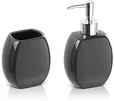 Inbagno Set Accessori Bagno 2 Pezzi in Ceramica, Kit Accessori da appoggio, Include Dispenser Sapone e portaspazzolini (Grigio)