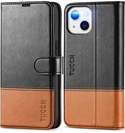 TUCCH Hülle für iPhone 13 Handyhülle 2021 Case Stoßfest mit [Magnetverschluss] TPU [Kartenfach] [RFID Blocker], Booklet kompatibel mit iPhone 13 5G (6,1 Zoll) Schwarz-Braun