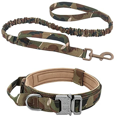 ALLSOPETS Taktisches Hundehalsband mit Leine – Verstellbares Militär-Hundehalsband mit Griff und Metallschnalle, Ideal für mittlere und große Hunde, Training & Outdoor (Tarnfarbe, XL)