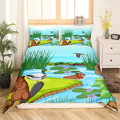 Kinder Cartoon Bettwäsche 155x220,Nette Capybara Bettbezug für Teens Jungen Mädchen,Kawaii Biber Mallard Ente Bettwäsche Set Lustige Wilde Tiere Bett Set 3 Stücke,Rustikale Natur Landschaft Raumdekor