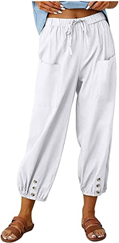 ASKSA Pantalon 7/8 Femme Été Lin Ample Longueur Pants Cordon pour Décontracté à Jambes Léger en avec Poches (Blanc,M)