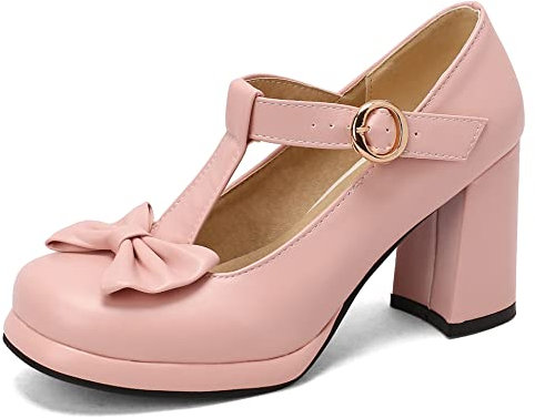 Scarpe Mary Jane da Donna con Tacco Largo, Pompe al Tallone Alto Punta Rotonda Fibbia Vestito Pumps con Plateau con Cinturino a T Bowknot Classico Gnksgi Rosa Numero 35 EU