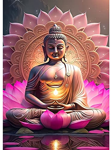 QENSPE 5D Diamond Painting Estatua de Buda Cuadro Diamante Completo, Buda Diamond Art Kit para Adultos Niños, Rhinestones Bordado Punto de Cruz DIY Decoración Hogar Rosa 30x40cm