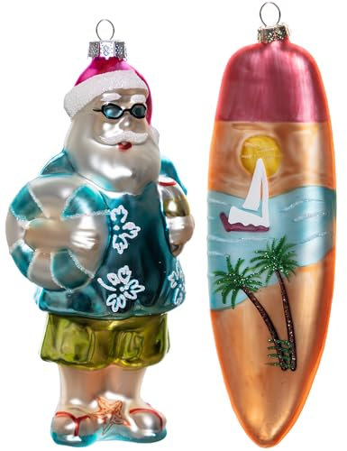 GAUMAANLEI Set mit 2 geblasenem Glas Sommer Strand Surfen Weihnachtsmann Ornamente für Weihnachtsbaum und Glas Surfbrett Ornament