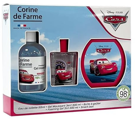 Corine de Farme - Coffret Cars avec Eau de Toilette 50ml, Bain Moussant 300ml et Boîte à Goûter - Cadeau pour Garçon - Parfum pour Enfant Senteur Musc Floral - Gel Fruité 3-en-1