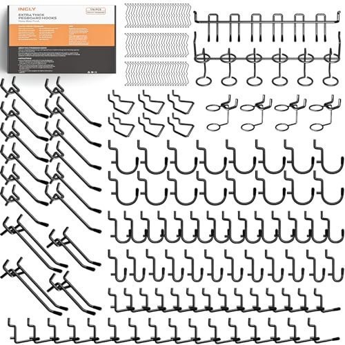 INCLY Lot de 176 crochets noirs extra épais pour panneau perforé, 6,35 mm, assortiment de crochets en métal robuste avec verrou pour panneau perforé, accessoires pour garage, organisateur mural,