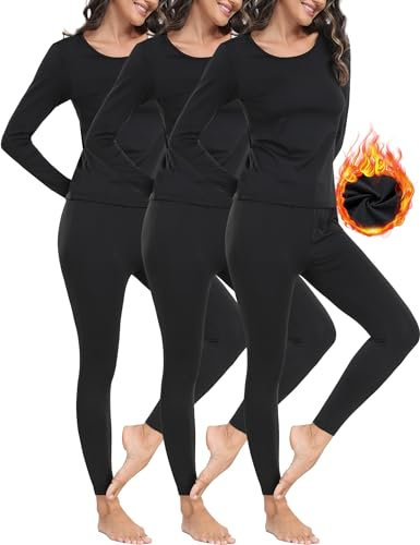 Winvote Thermo-Unterwäsche für Damen, Set mit langen Unterhosen, mit Fleece gefüttert, weich, kaltes Wetter, warme Basisschicht, Winterschlafanzug oben unten, Schwarz (3), XX-Large