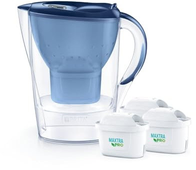 Brita Marella - Caraffa per filtro dell'acqua, 2,4 l, lavabile in lavastoviglie, 3 cartucce filtranti, blu
