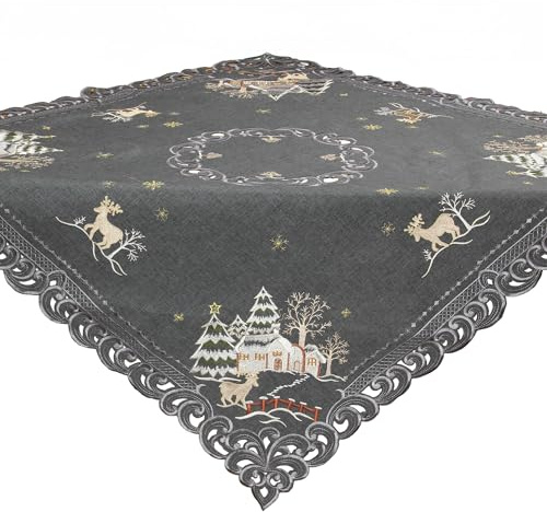 HanaQi Weihnachten Hirsch im WinterlandschaftMitteldecke Leinenoptik Polyester ca. 85x85 cm, Grau