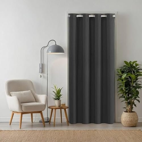 tinycurtains, Türvorhang mit Teleskopstange, einfache Montage in nur 1 Minute ohne Bohren (Türgardine anthrazit H210 x B150 cm + Stange weiß B70-120 cm)