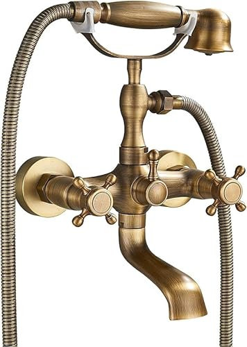LANNADD Grifo de bañera retro, latón antiguo, grifo de pared para bañera, caño giratorio 360°, con ducha de mano, juego de ducha retro con doble mango, grifo de ducha para el baño