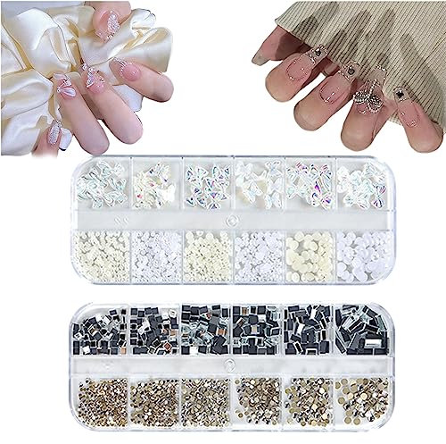 Symphonyw 3D Nail Charms, 2 Boxes Multi-Shape Aurora Bow Butterfly Nail Art Charms Nail Pearls Rhinestones Nail Gems for Nail Art Decoration DIY Crafts (B)